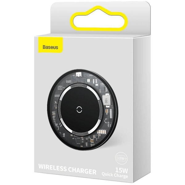 Incarcator wireless Baseus Simple Qi 15W, incarcare MagSafe, Aluminiu, cablu Type-C la USB inclus, Negru transparent