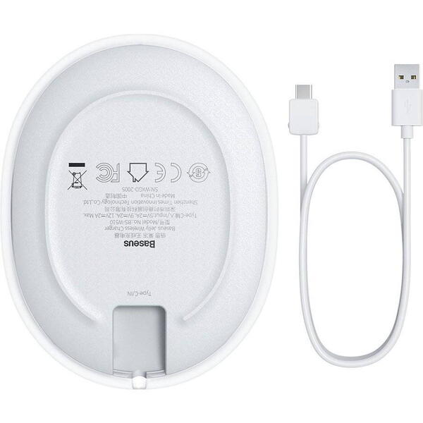 Incarcator wireless Baseus Jelly Qi 15W, Cablu Type-C la USB inclus, Alb