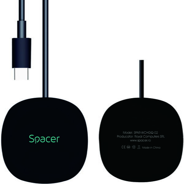 Incarcator wireless Spacer 2 in 1 cu suport inclus, compatibil prindere magnetica Iphone, Quick Charge 15W Qi, conector Type-C, Negru