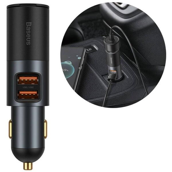 Incarcator auto Baseus Share Together, 2 x USB Output 5V/3A, 1 x bricheta auto, 120W, Gri