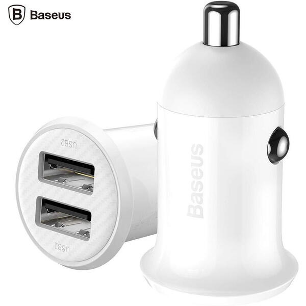 Incarcator auto Baseus Grain Pro, 2 x USB Output 5V/4.8A  Alb