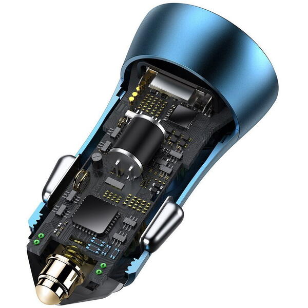 Incarcator auto Baseus Golden Contactor Pro, 1 x USB Output 5V/3A, 1 x USB Type-C 5V/3A, 40W, Albastru