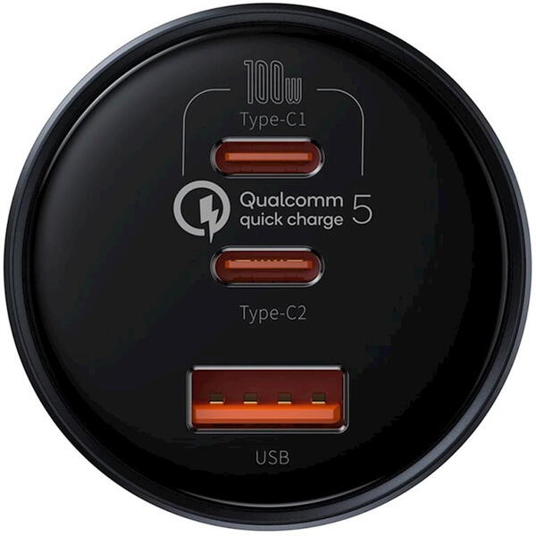 Incarcator auto Baseus Qualcomm Quick Charge 5, 1 x USB Output 5V/3A, 2 x USB Type-C max 5V/3A, 160W, include cablu USB Type-C la USB Type-C 100W 1m, Gri