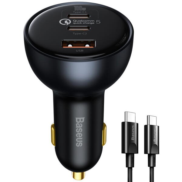 Incarcator auto Baseus Qualcomm Quick Charge 5, 1 x USB Output 5V/3A, 2 x USB Type-C max 5V/3A, 160W, include cablu USB Type-C la USB Type-C 100W 1m, Gri