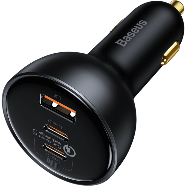 Incarcator auto Baseus Qualcomm Quick Charge 5, 1 x USB Output 5V/3A, 2 x USB Type-C max 5V/3A, 160W, include cablu USB Type-C la USB Type-C 100W 1m, Gri