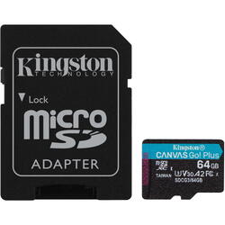 Kingston Micro SDXC Canvas GO Plus, 64GB, Clasa 10, UHS-I + Adaptor