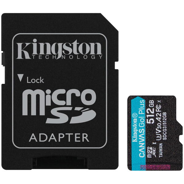 Kingston Micro SDXC Canvas GO Plus, 512GB, Clasa 10, UHS-I + Adaptor