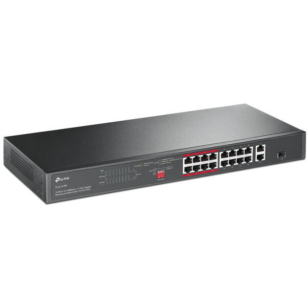 Switch TP-LINK TL-SL1218P 16 porturi, 16 PoE+ 10/100 Mbps, 2 Gigabit RJ45,1 x combo Gigabit SFP slot, carcasa metal