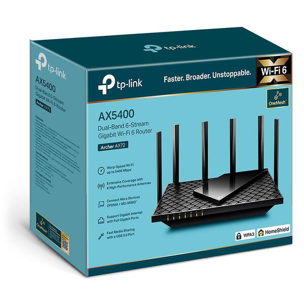 Router Wireless TP-LINK Archer AX72 Wi-Fi 6 Dual-Band, 5400Mbps,1 x WAN Gigabit, 4 porturi Gigabit,1 x USB 3.0