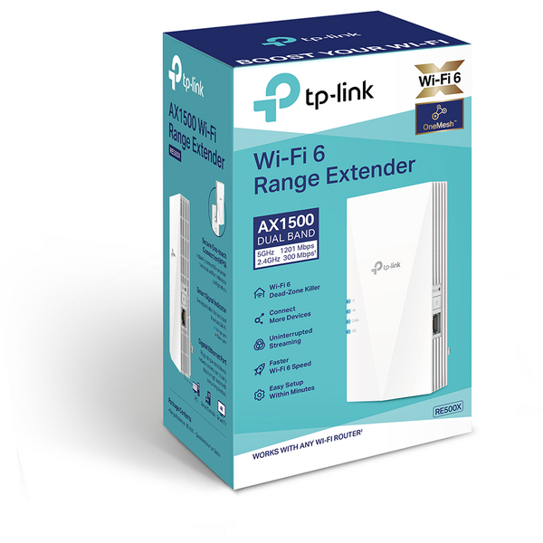 Range Extender TP-LINK RE500X wireless  AX1500, 1500Mbps, 1 port Gigabit,  2 antene interne, 2.4 / 5Ghz dual band, Wi-Fi 6, "RE500X" (include TV 1.75lei)