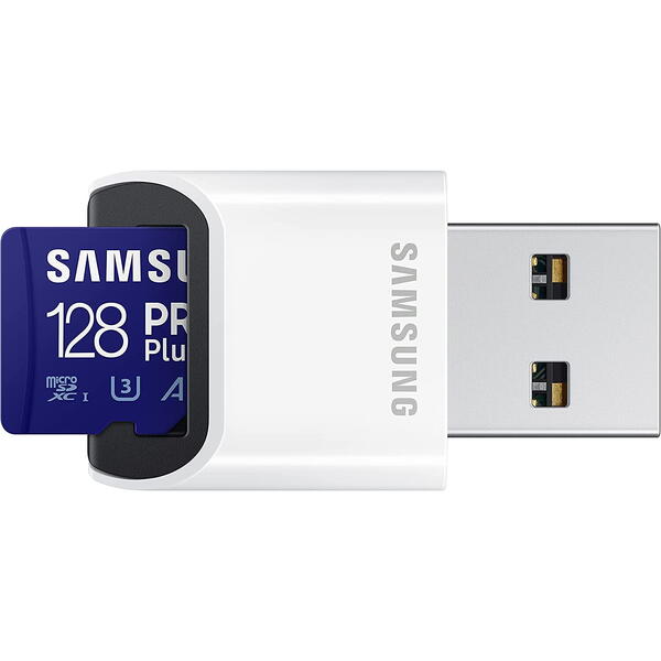 Card Memorie Samsung Micro SDXC PRO Plus (2021) 128GB + Cititor card USB UHS-I U3 Clasa 10