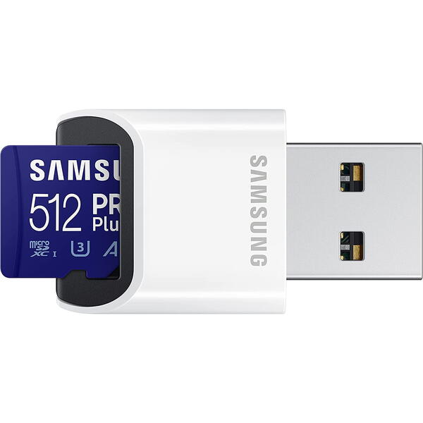 Card Memorie Samsung Micro SDXC PRO Plus (2021) 512GB + Cititor card USB UHS-I U3 Clasa 10