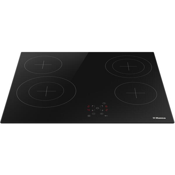 Plita HANSA BHC96508, Vitroceramica, 4 zone de gatit, HeatControl, Temporizator, Control touch, Timer, 60 cm, Negru