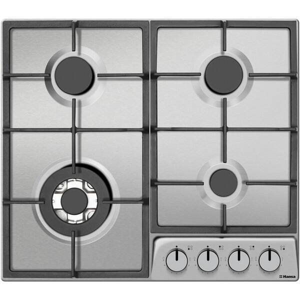Plita HANSA BHGI631542, Gaz, 4 arzatoare, Arzator wok, Aprindere electrica, Gratar fonta, 60 cm, Inox