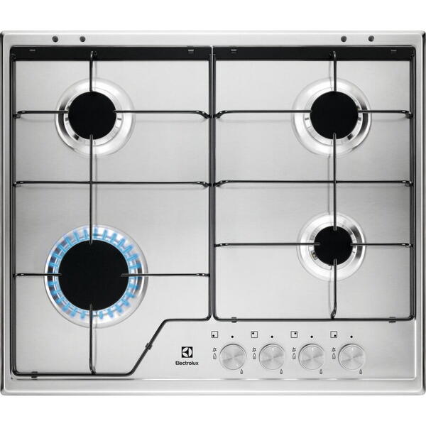 Plita Electrolux KGS6424SX, Gaz, 4 arzatoare, Aprindere electrica, Dispozitiv de siguranta, 60 cm, Inox