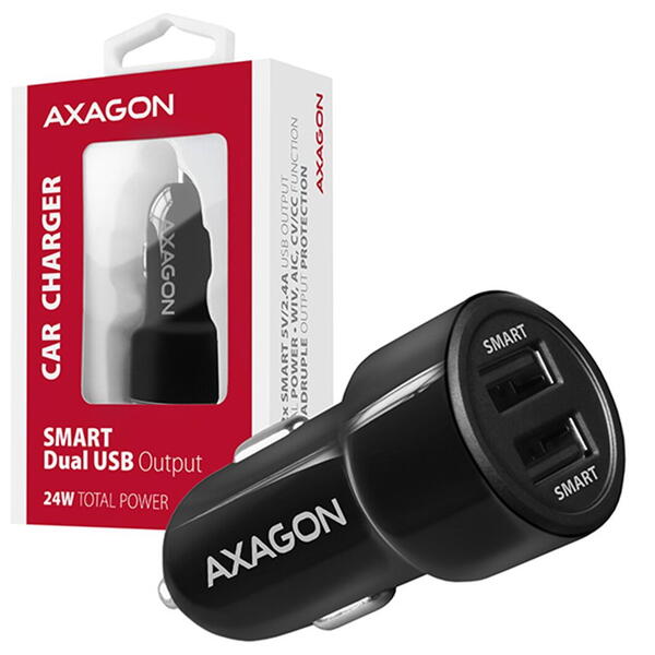 Incarcator auto AXAGON PWC-5V5, Smart, 5V 2,4A + 2,4A, 24W, Negru