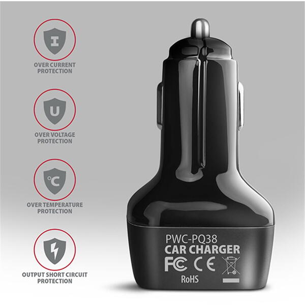 Incarcator auto AXAGON PWC-PQ38 dual USB, 5V 3.6A, 1A, 38W, Negru