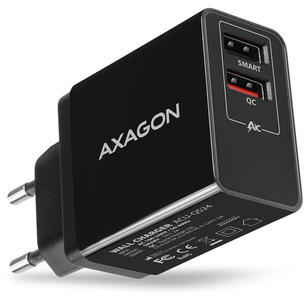 Incarcator retea AXAGON ACU-QS24, Smart 5V 1,2A + 1x QC3.0, 24W, Negru
