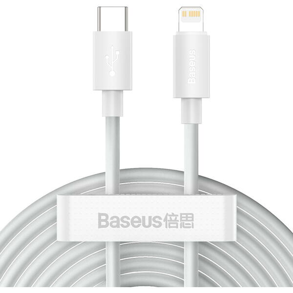 Baseus Simple Wisdom, Fast Charging TZCATLZJ-02, USB-C la Lightning, 1.5m, White 2buc/set