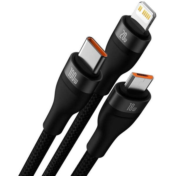 Baseus Flash Series 2 One-for-three Retractable CASS030101, USB la USB-C + microUSB + Lightning, 1.2m, Black