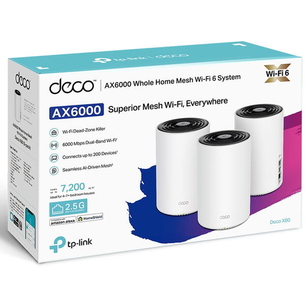 Mesh TP-LINK Deco X80 AX6000, 1 x 2.5 Gbps LAN/ WAN, 2 x Gigabit LAN/WAN Gigabit 3 pack