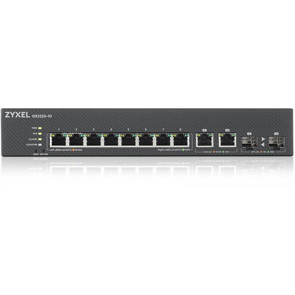 Switch ZyXEL GS2220-10HP, 8 Porturi Gigabit + 2x RJ45/SFP PoE